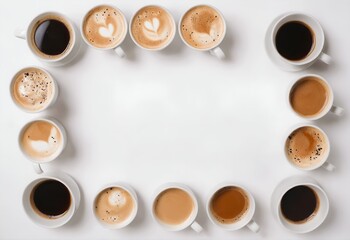Different types of coffee in cups on white, top view copy space