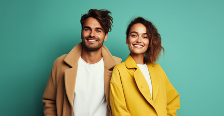 Portrait stylish beautiful happy woman and man, modern young couple together on colorful background