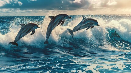 Fototapeta premium Three beautiful dolphins jumping over breaking waves. Hawaii Pacific Ocean wildlife scenery. Marine animals in natural habitat.