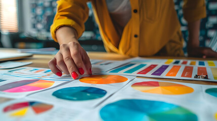 Obraz premium Focused designer choosing from a selection of colorful swatches for a creative project.