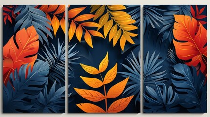 Background template for social media posts and stories. Design by abstract colored shapes, line arts, tropical leaves and earth tones.