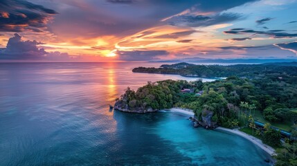 Fototapeta premium Stunning aerial shot captures a vibrant tropical sunset over a serene bay, highlighting the dynamic sky and tranquil waters