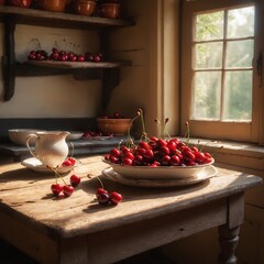Cozy rustic kitchen interior with cherry fruits on old wooden table.