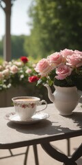 Coffee cup and rose flowers on garden table. Spring nature background. Enjoying weekend relax at home. Generative AI