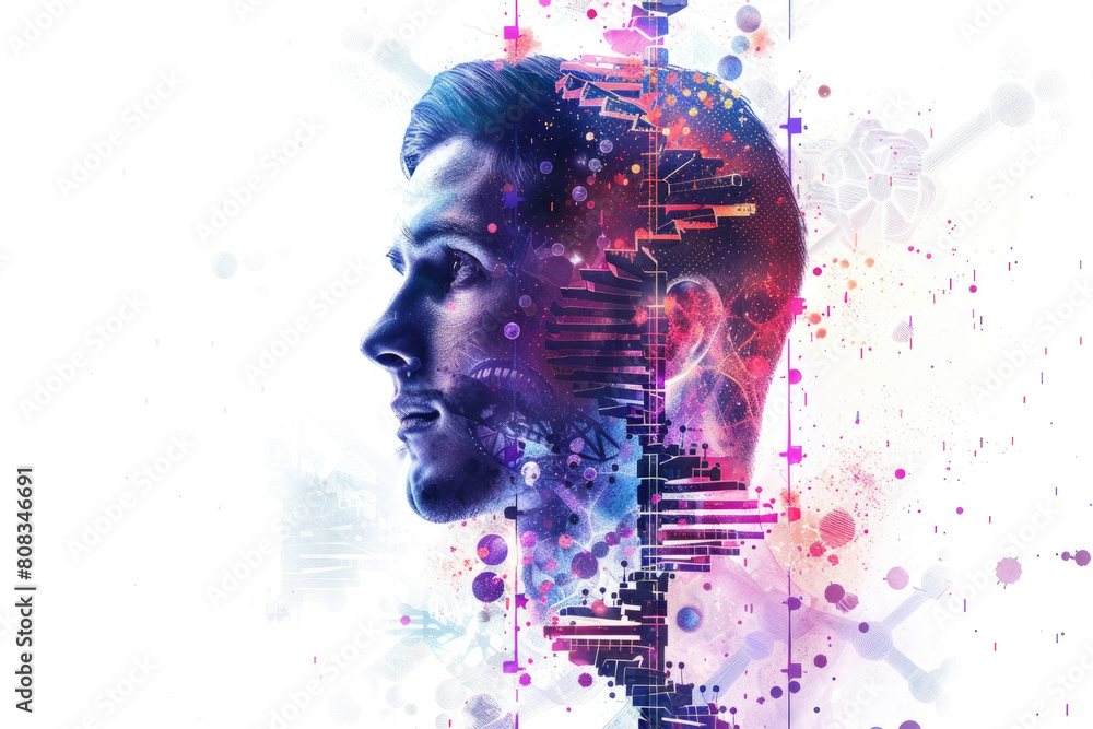 Poster a side view of a mans face seamlessly transitions into a vibrant digital abstraction, symbolizing th