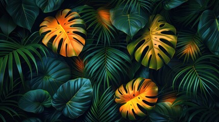 Fototapeta na wymiar Beautiful tropical wallpaper with palm leaves juicy dark colorful