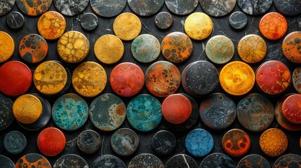 Colorful mosaic of round stones on a black background. Top view..jpeg