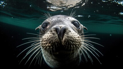 Fototapeta premium Captivating Close-Up of a Seal Underwater With Whiskers and Eyes in Sharp Focus