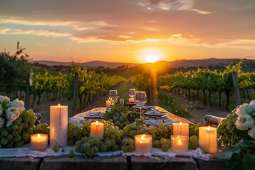 Table adorned with candles and grapes in a vineyard under the sunset sky - Powered by Adobe
