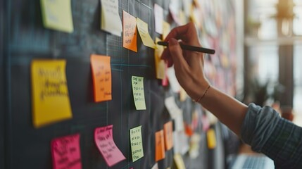 A photographic image of a person working on sticky notes made with Ai generative technology - Powered by Adobe