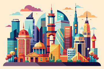 fictional cityscape with a variety of buildings including a tower with a clock, skyscrapers, and a building with a dome. The skyline features modern and futuristic architecture