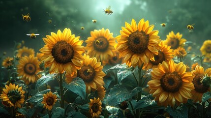 bees and sunflowers background wallpaper