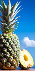 Pineapple exotic fruit against blue sky.
