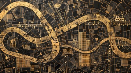 An artistic map depicting a city as a series of musical notes on a staff, where each note represents a landmark or district, and lines of melody form the streets