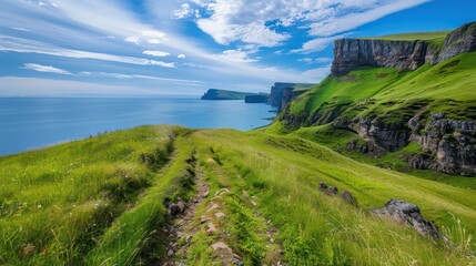Majestic view of green cliffs and the calm blue ocean under a bright sky in the Scottish coastline