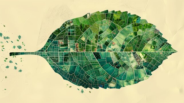 An abstract city map designed as a leaf, with veins representing major transportation routes and neighborhoods as patches of different shades of green, symbolizing a city living in harmony with nature