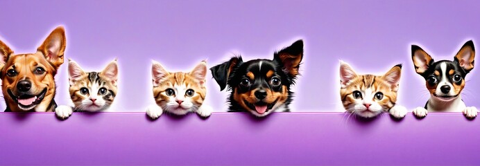 Dogs and Cats, peeking over the clear solid top line, petshop banner, happy, smile, funny.