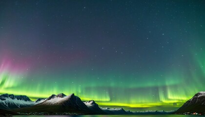 starry night sky in Norway, with a green glow beginning to illuminate the sky. person gazing in wonder Northern Lights above, creating magical colorful patterns