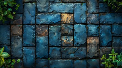 Dark blue stone wall texture background with green leaves, natural pattern