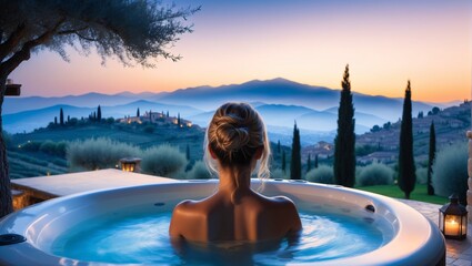 Relaxing Evening in Outdoor Hot Tub woman tourism, travel, vacation tuscany Ai