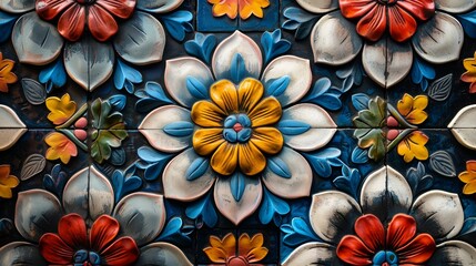 Detail of a colorful ceramic tile wall in Lisbon, Portugal