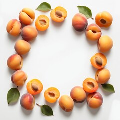 Apricot fruits on white, frame with copy space. Top view flat lay