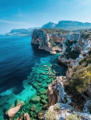 Limestone cliffs tower over the azure waters of a calm sea, surrounded by vibrant mediterranean vegetation