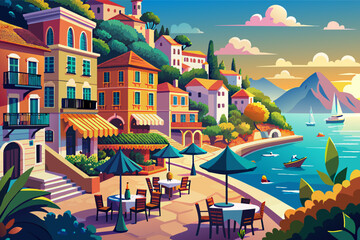 Colorful illustration of a picturesque coastal village with Mediterranean-style buildings, a sailboat in the sea, mountains in the background, and an outdoor cafe setting.