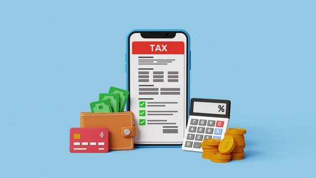 Online taxes concept. Online form and budget, deadline payment on smartphone with wallet, bank card, calculator and golden coins. 4k 3d animation