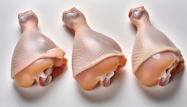 raw chicken legs on white in a sequence, raw chicken thigh on white