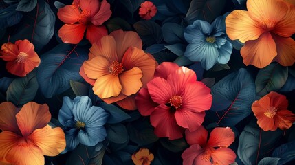Hibiscus flowers and leaves background. 3d render illustration.jpeg