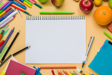 Top view of white paper with creative copy space surrounded by school supplies