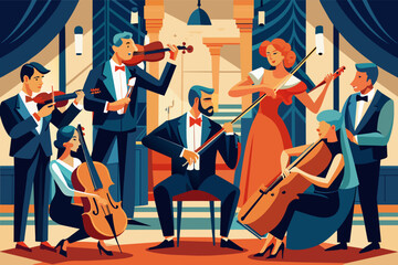 A colorful illustrated scene of a classical music ensemble performing on stage, featuring two violinists, a cellist, a double bass player, and a violist, all dressed in formal attire.