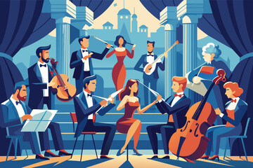 A colorful illustrated scene of a classical music ensemble performing on stage, featuring two violinists, a cellist, a double bass player, and a violist, all dressed in formal attire.