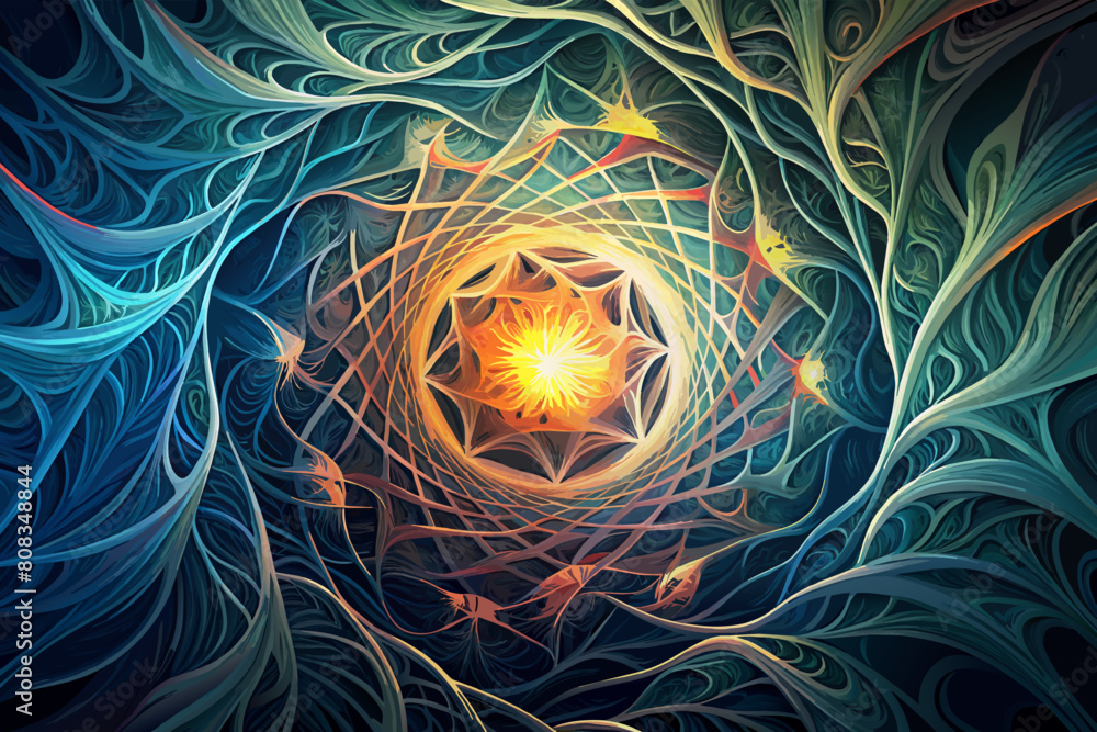 Poster abstract digital artwork featuring an intricate pattern of swirling, leaf-like shapes in shades of b