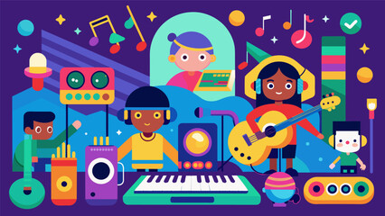 A vibrant and colorful creative space filled with electronic music equipment and instruments that allow children to collaborate and make music. Vector illustration