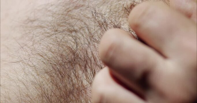 Scratch hairy male chest. Stroking a part of the body with the hand.