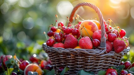 A close-up of a wicker basket overflowing with fresh summer fruits like strawberries, cherries, and peaches, set against a dreamy, blurred backdrop of a sunny meadow. Generative ai