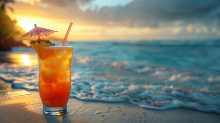 refreshing summer cocktail on the exotic beach on sunset. Generative ai