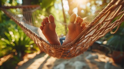 a person's feet dangling from a hammock, swaying gently in the summer breeze. Generative ai