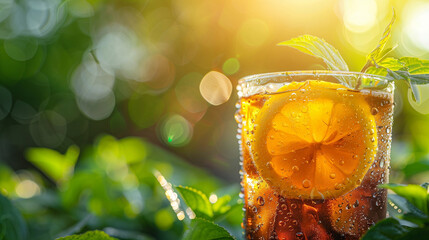 Cool & Condensation: Iced Tea Oasis with Lemon & Mint. Generative ai