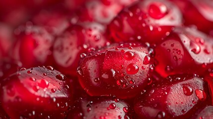 close-up of ruby red pomegranate arils glistening with liquid droplets. Generative ai