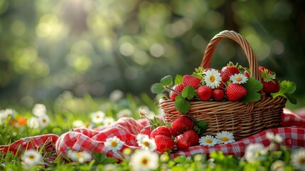 Picnic Perfection: Gingham Blanket & Berries in a Summer Dream. Generative ai