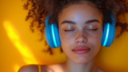 Young woman enjoys music in her modern headphones on yellow background. Generative ai
