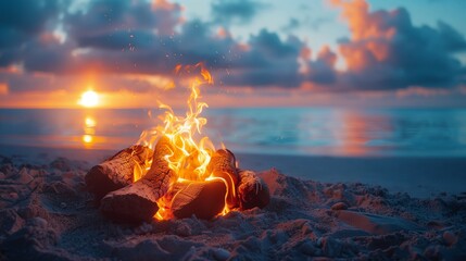 Beach Bonfire Bliss: Flames Dance on Driftwood at Twilight. Generative ai