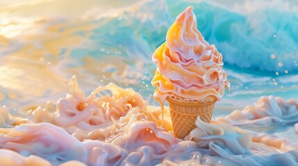 surreal icecream melting in the sea mixing with water. Generative ai
