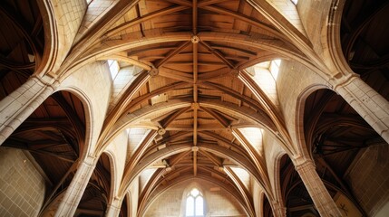 This image captures the impressive architecture of a Gothic church, highlighting the arched vaulted ceilings and wooden beams