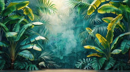 Illustration of tropical wallpaper tropical flowers, palm leaves