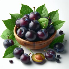 ripe plum berries with green leaves in a bowl on a light background, square image for social networks