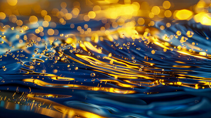 Water splashes on a blue background with yellow bokeh.